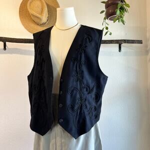 USA Vintage 90s Black Embellished Button Front Vest Top Size Large